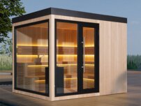 AWT THE CUBE X7-L PRO Hemlock exteriérová sauna s pergolou 300x635 12kW EOS BIO Cubo