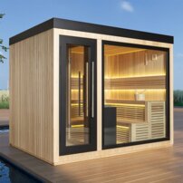 AWT THE CUBE X6 Hemlock exteriérová sauna  s predsieňou, 300x235 12kW EOS Cubo